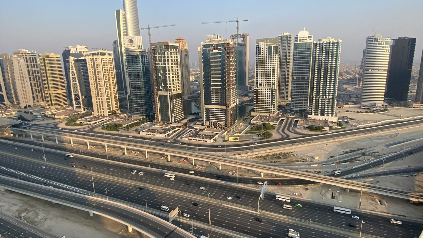 Dubai, Road, Daytime, Tower Block, Urban Area. Wallpaper in 1366x768 Resolution
