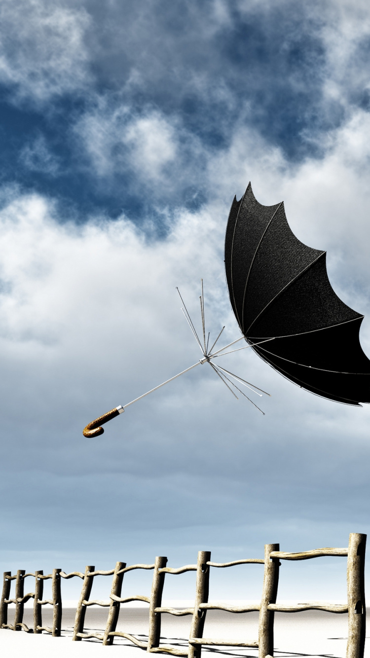 Parapluie Noir Sur Une Clôture en Bois Marron Sous Des Nuages Blancs Pendant la Journée. Wallpaper in 750x1334 Resolution