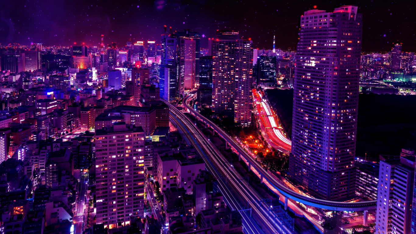 City Buildings During Night Time. Wallpaper in 1366x768 Resolution