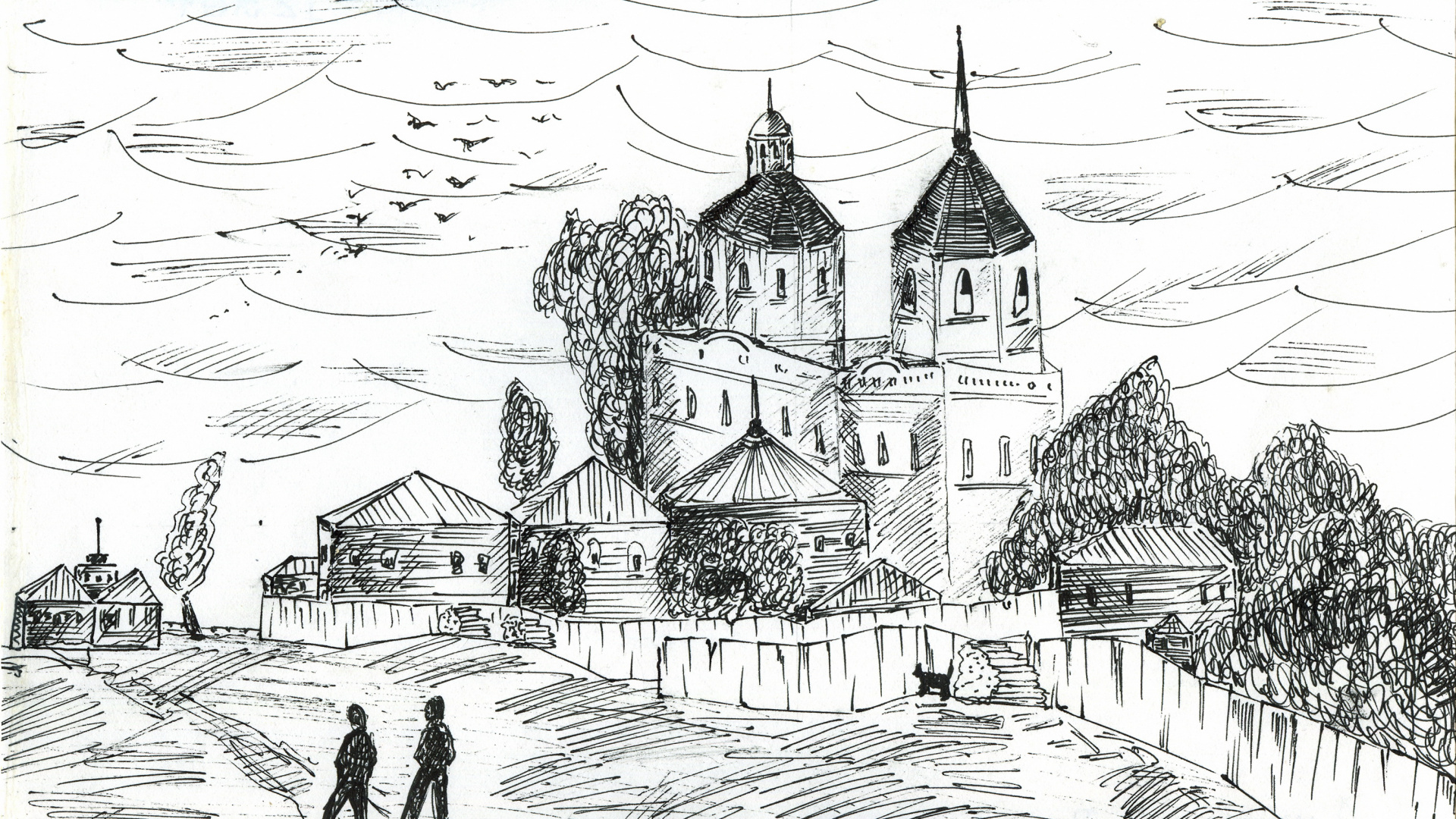 Black and White Castle Sketch. Wallpaper in 1920x1080 Resolution