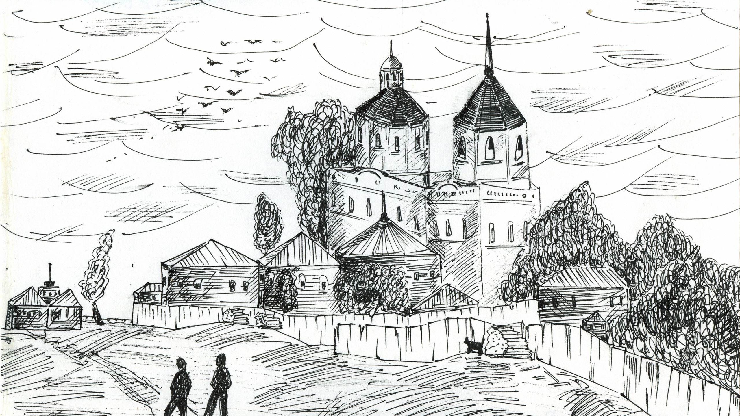 Black and White Castle Sketch. Wallpaper in 2560x1440 Resolution