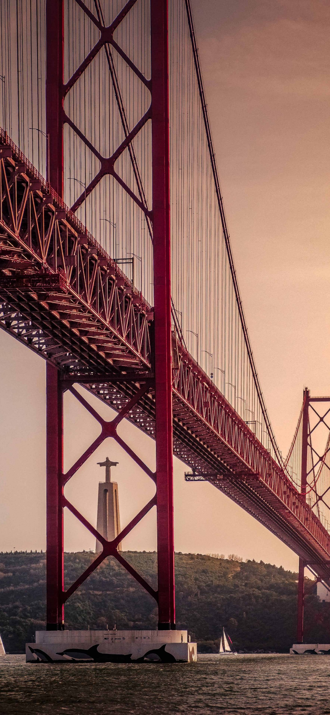25 de Abril Bridge, Sanctuary of Christ The King, Bridge, Suspension Bridge, Golden Gate Bridge. Wallpaper in 1125x2436 Resolution