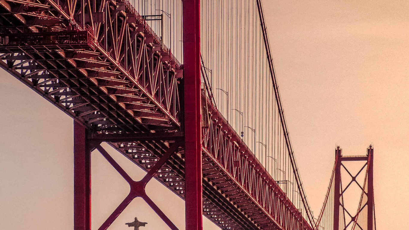 25 de Abril Bridge, Sanctuary of Christ The King, Bridge, Suspension Bridge, Golden Gate Bridge. Wallpaper in 1366x768 Resolution