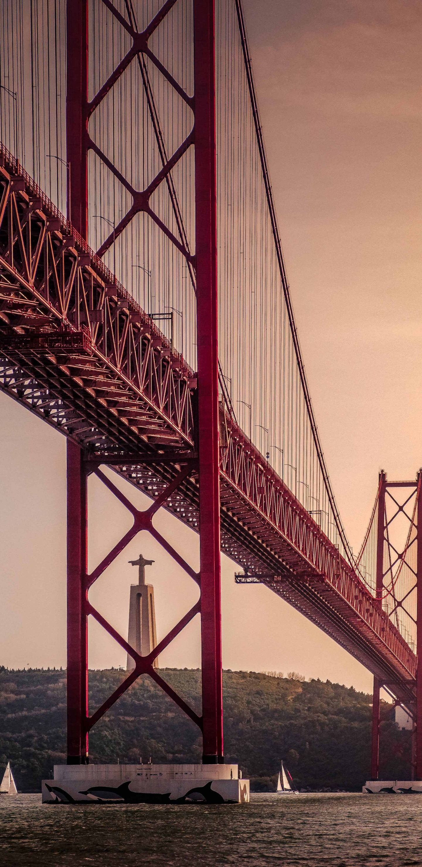 25 de Abril Bridge, Sanctuary of Christ The King, Bridge, Suspension Bridge, Golden Gate Bridge. Wallpaper in 1440x2960 Resolution