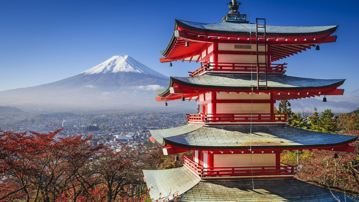Red and White Temple Near Mountain Under Blue Sky During Daytime. Wallpaper in 1366x768 Resolution