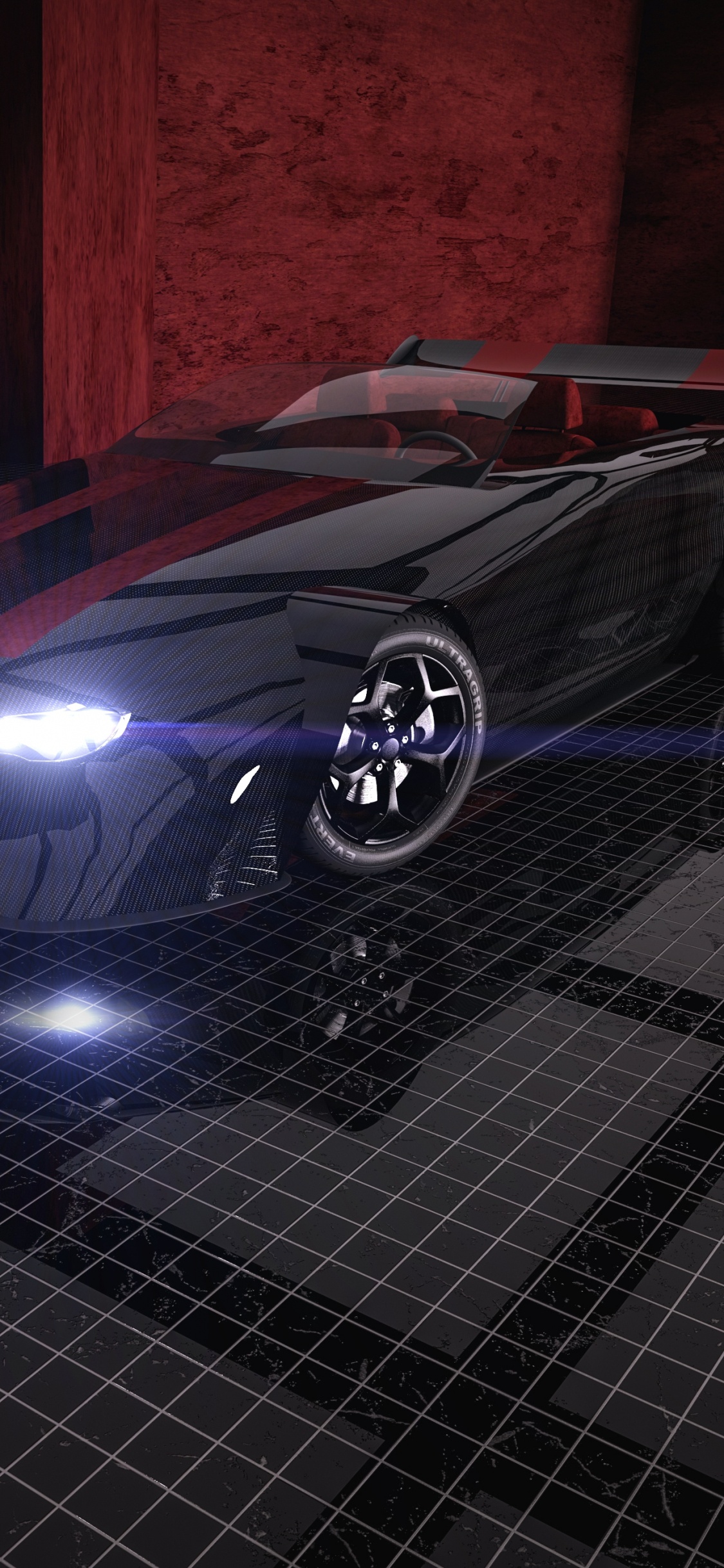 Porsche 911 Noire Garée Sur un Sol en Brique Noire. Wallpaper in 1125x2436 Resolution