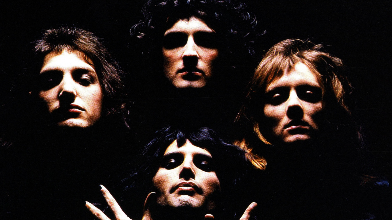 Freddie Mercury, Queen, Darkness, Facial Hair, Brian May. Wallpaper in 1366x768 Resolution