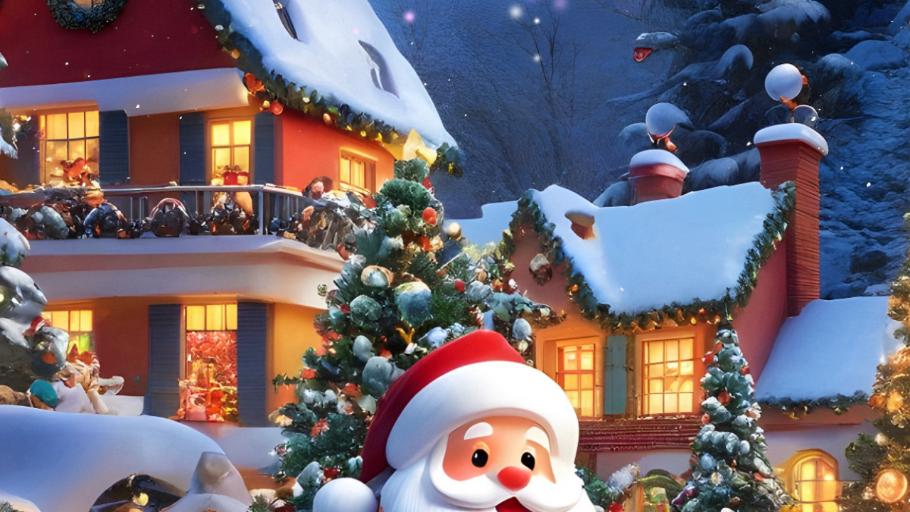 Arbre de Noël, Santa Claus, Ornement de Noël, Neige, Lumière. Wallpaper in 1280x720 Resolution