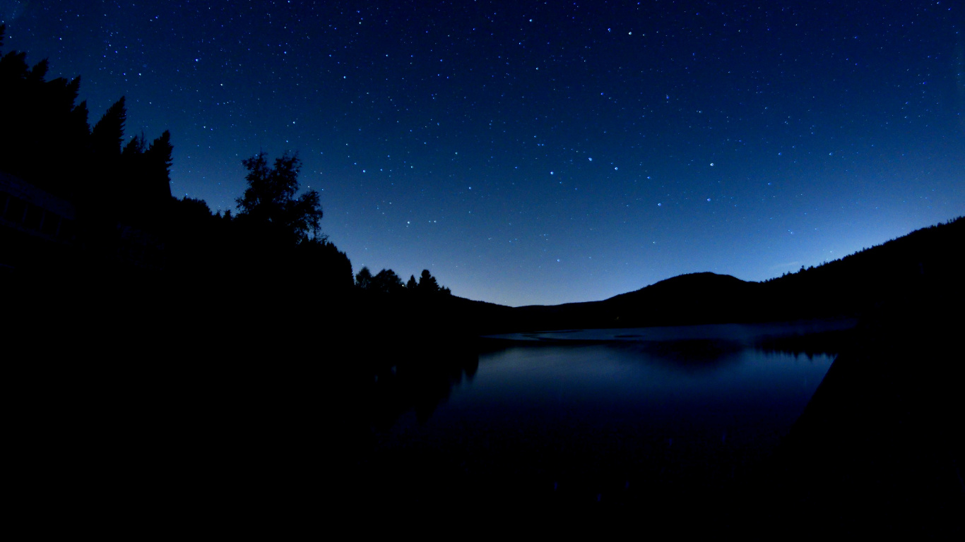 Silhouette Von Bäumen in Der Nähe Von Gewässern Während Der Nacht. Wallpaper in 1366x768 Resolution