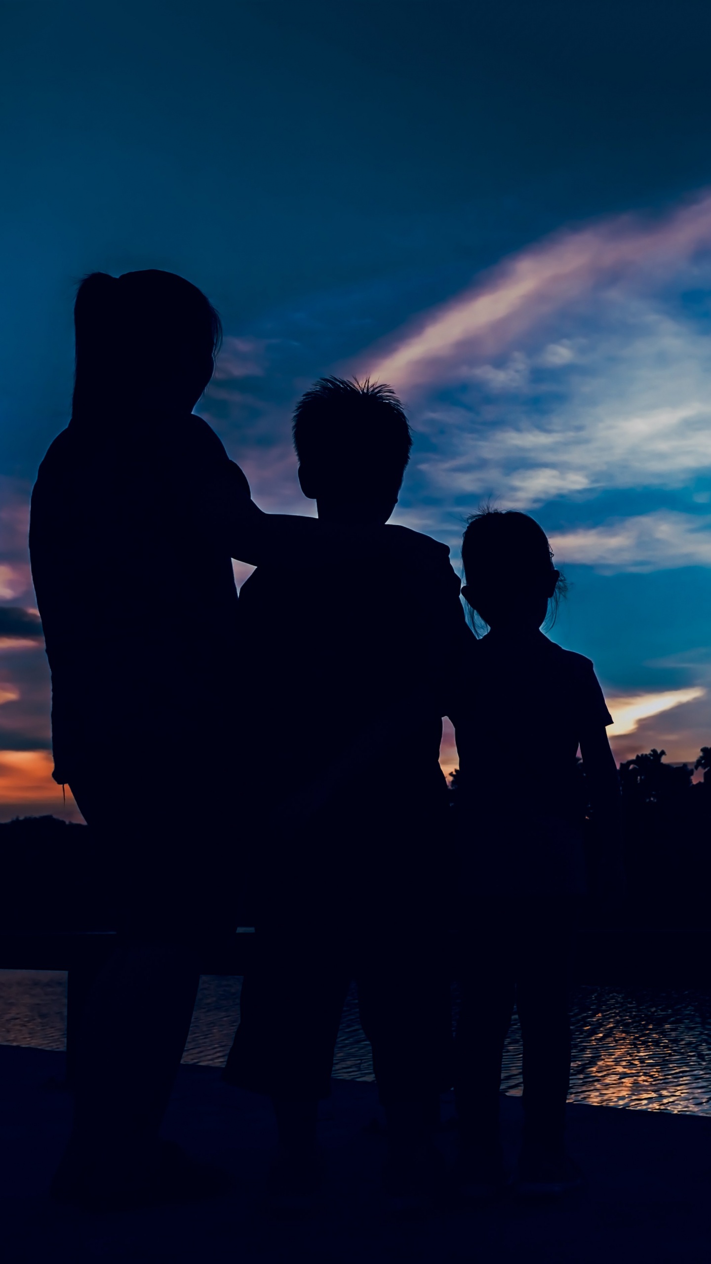 Silhouette Von Menschen, Die Nachts in Der Nähe Eines Gewässers Stehen. Wallpaper in 1440x2560 Resolution