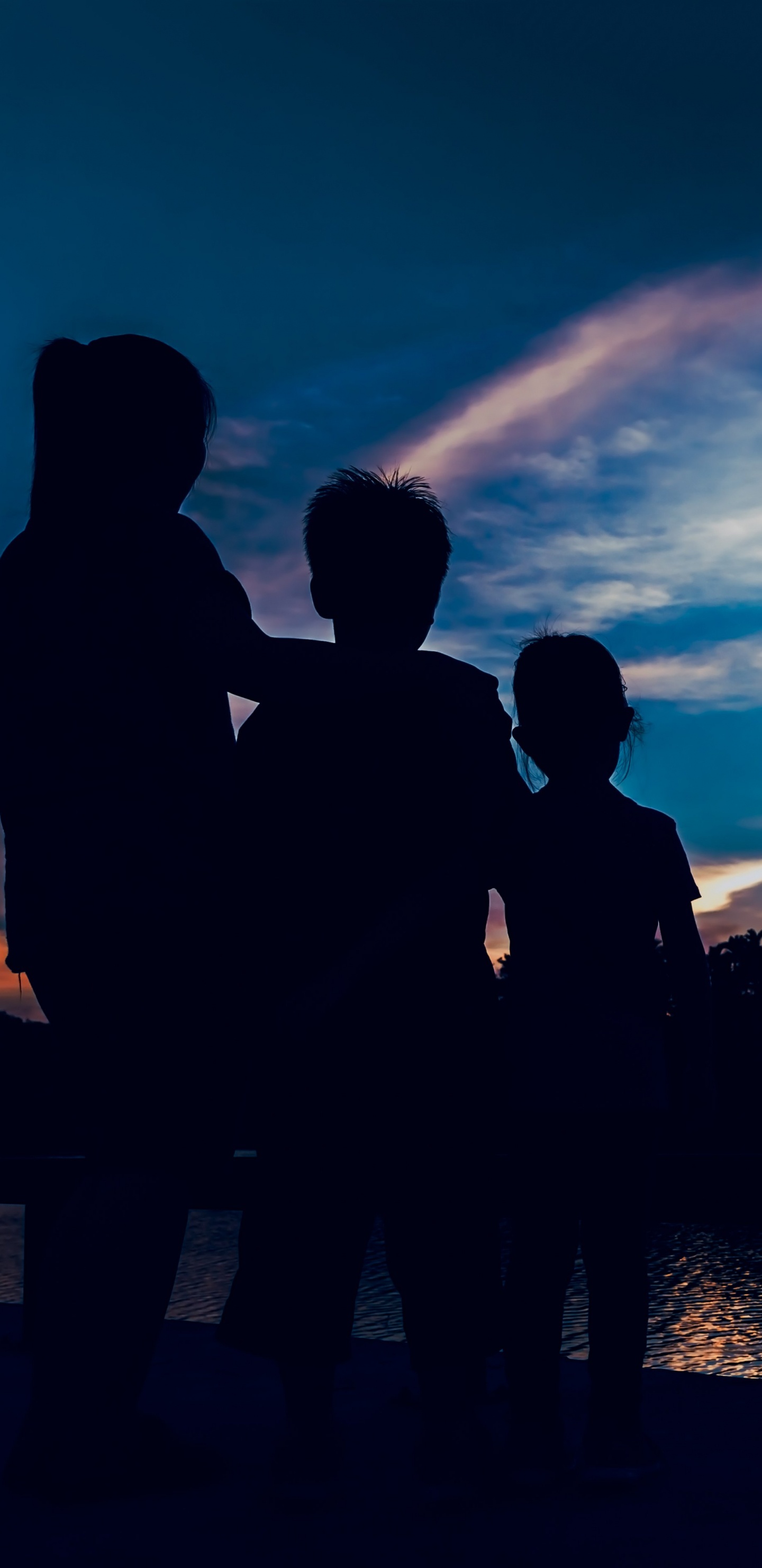 Silhouette de Personnes Debout Près D'un Plan D'eau Pendant la Nuit. Wallpaper in 1440x2960 Resolution