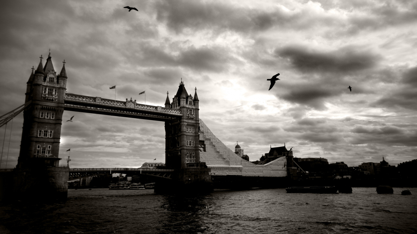 Photo en Niveaux de Gris D'un Pont Au-dessus D'un Plan D'eau. Wallpaper in 1366x768 Resolution