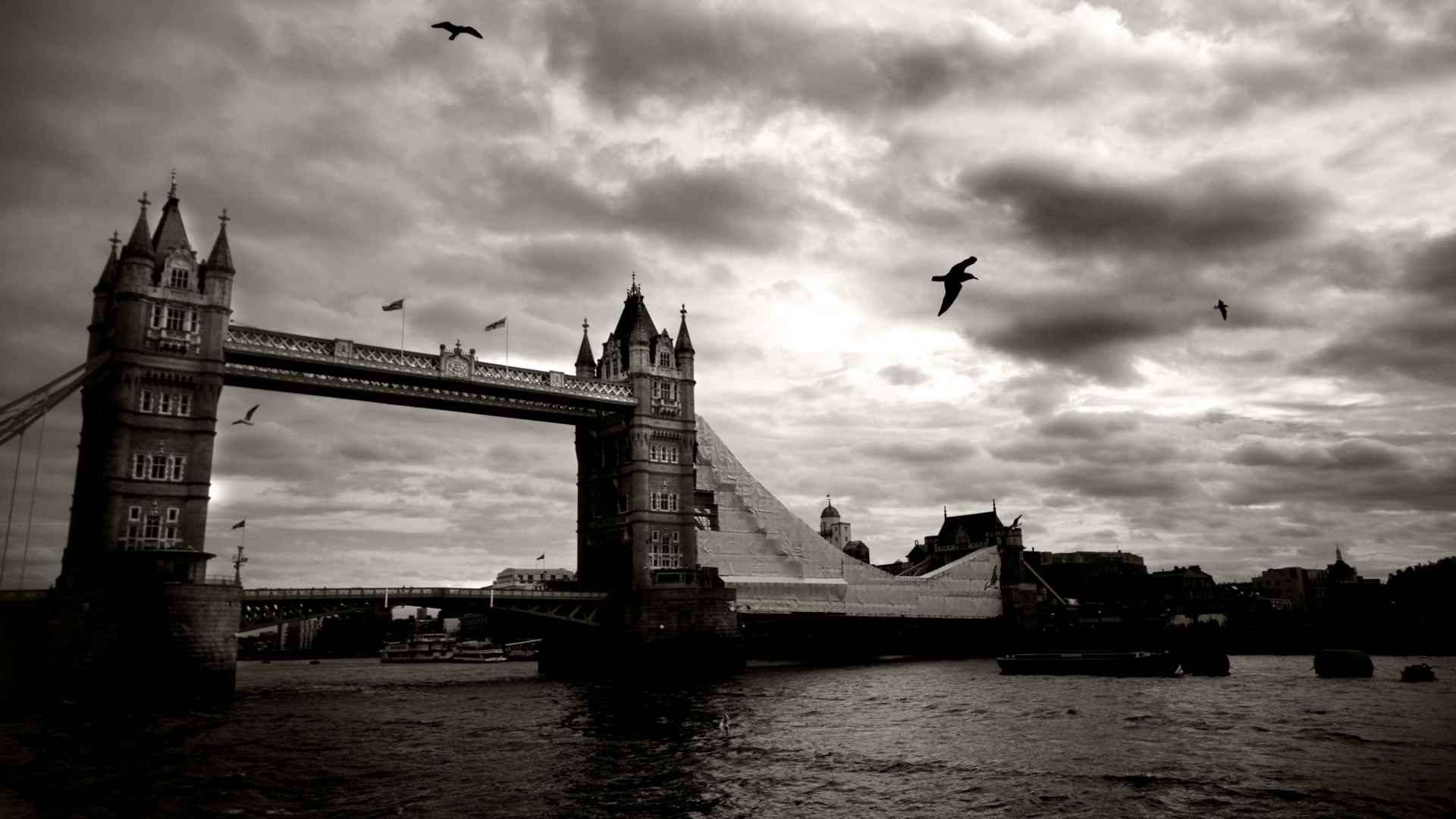 Grayscale Photo of Bridge Over Body of Water. Wallpaper in 1920x1080 Resolution