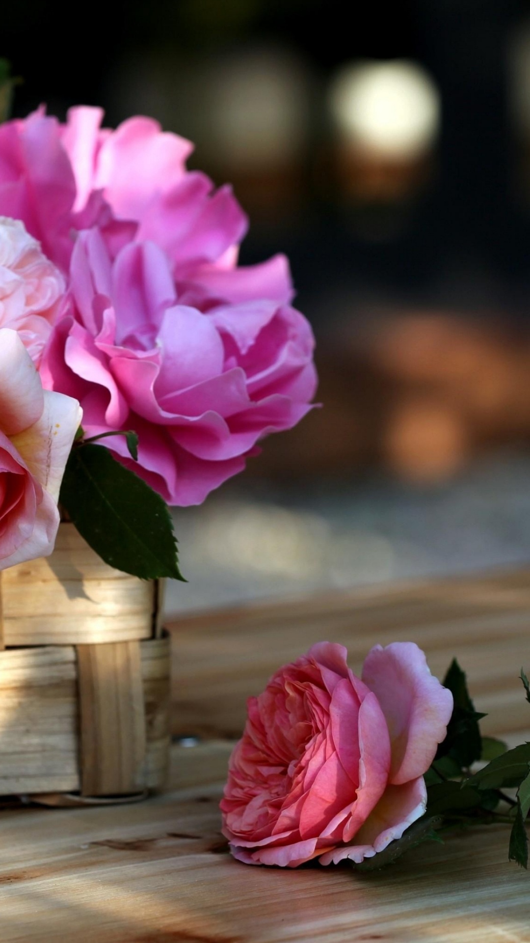 Pink Roses on Brown Wooden Crate. Wallpaper in 1080x1920 Resolution