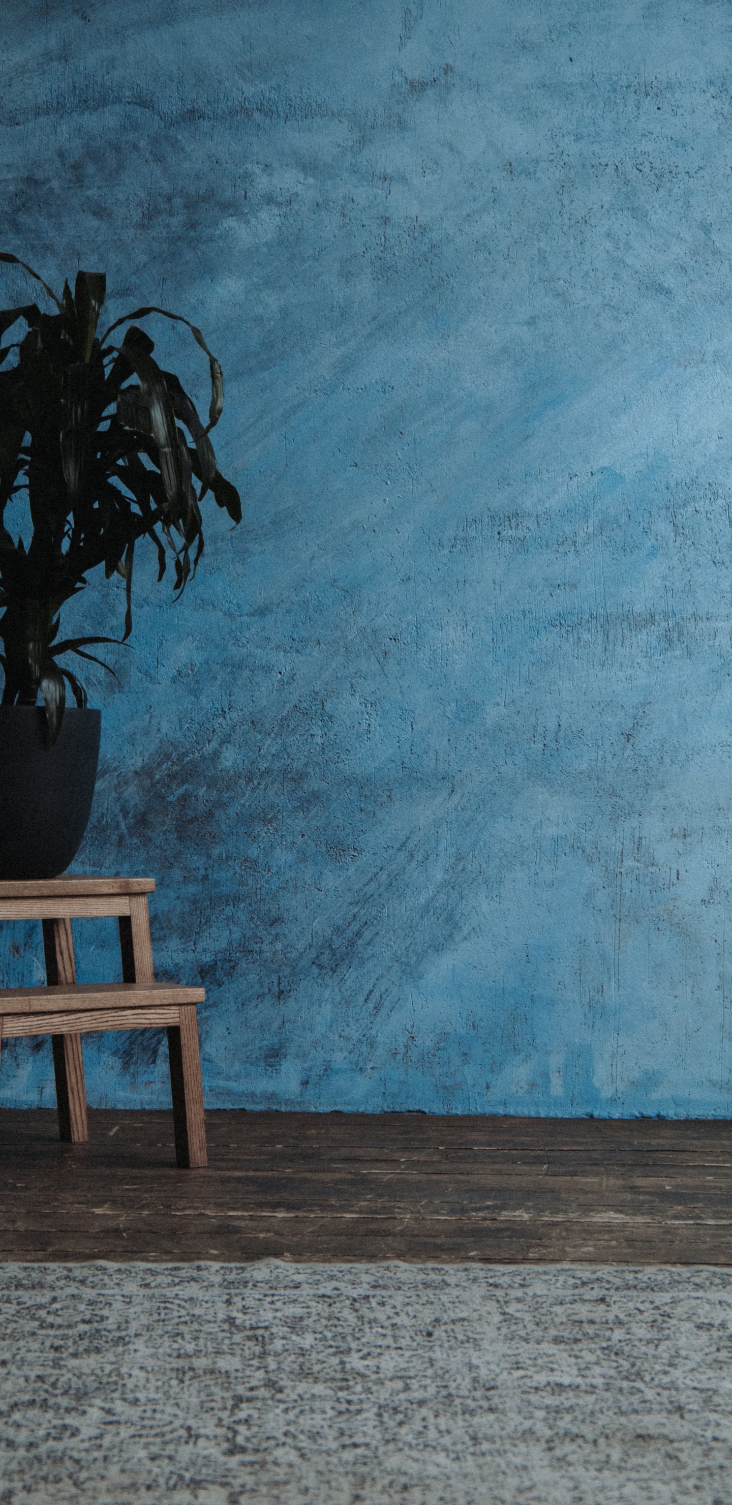 Mesa de Madera Marrón Junto a la Pared Pintada de Azul. Wallpaper in 1440x2960 Resolution