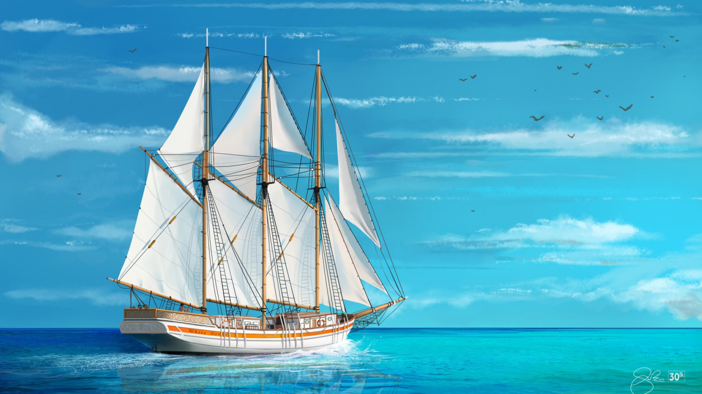 Velero Blanco Sobre el Mar Azul Bajo un Cielo Azul Durante el Día. Wallpaper in 1366x768 Resolution