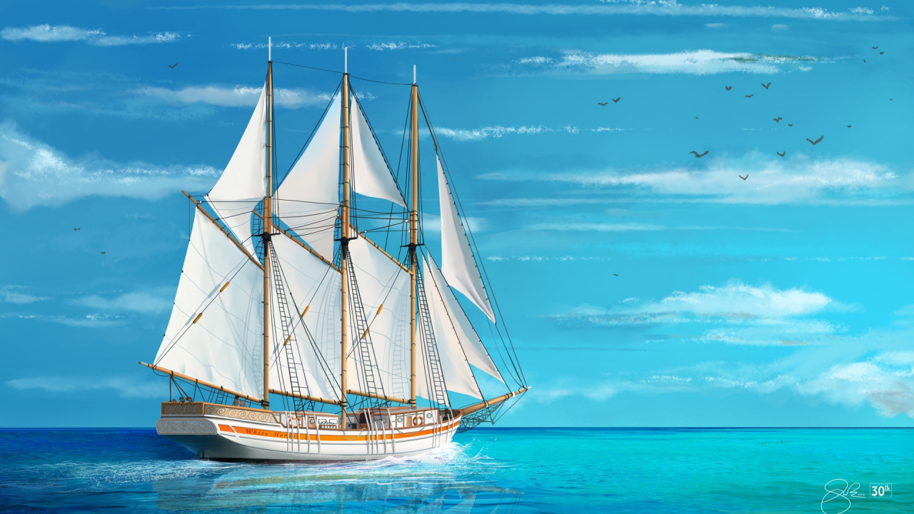 艺术, 绘画, 水运, Barquentine, 扬帆 壁纸 1280x720 允许