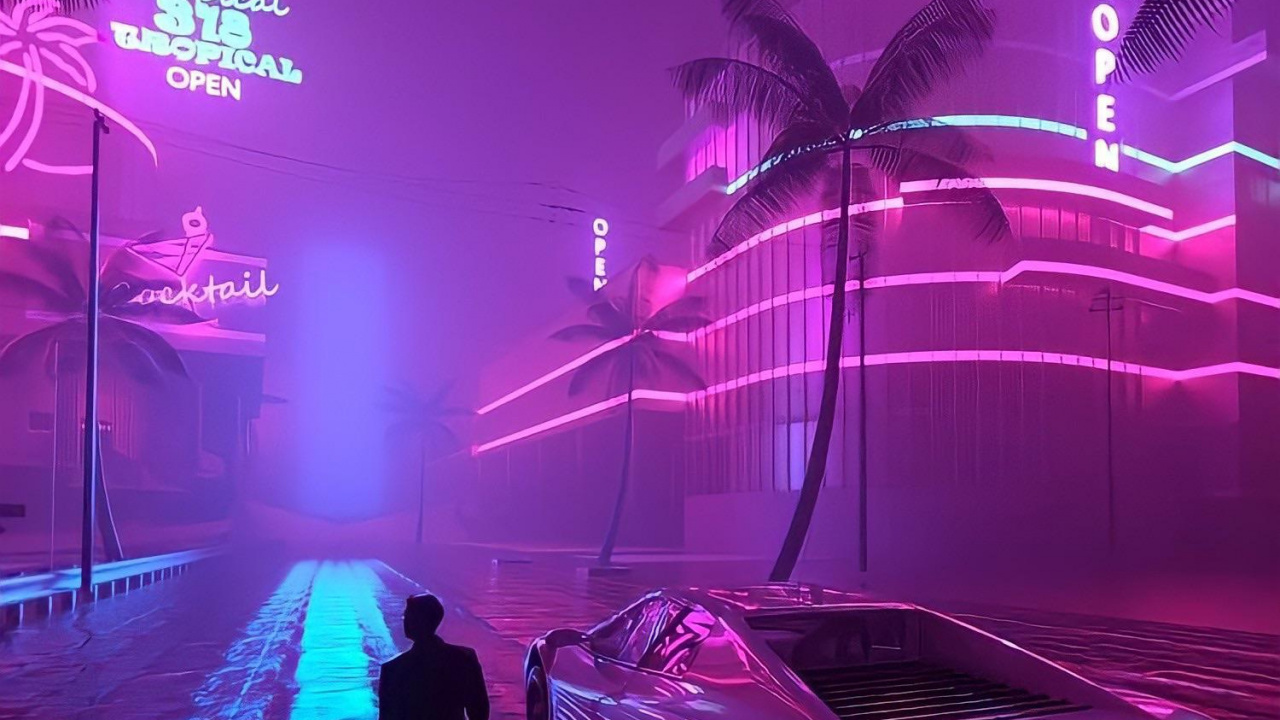 Retrowave, 偷盗汽车副市, 偷盗汽车v, Synthwave, 副城市 壁纸 1280x720 允许