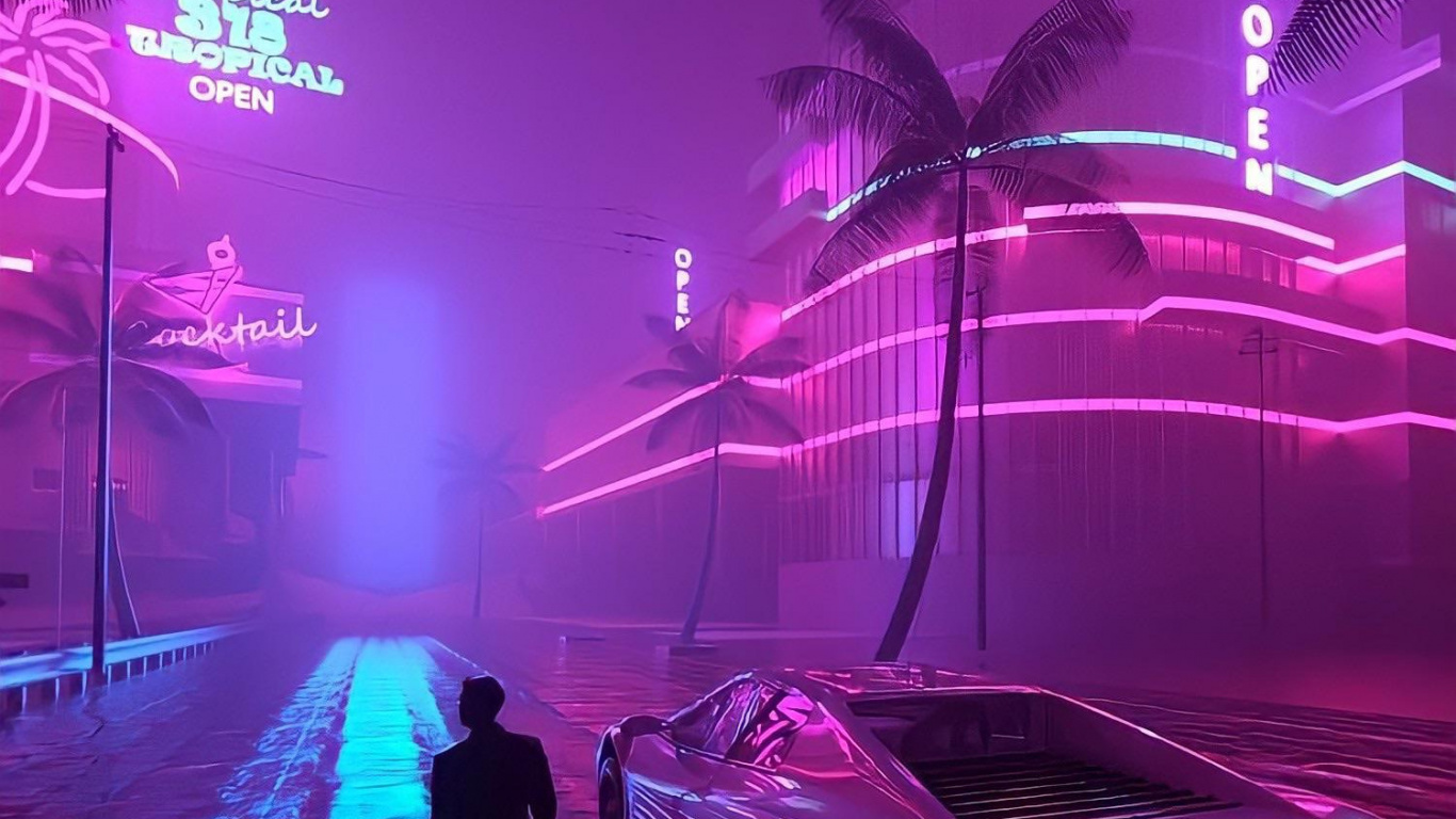Retrowave, 偷盗汽车副市, 偷盗汽车v, Synthwave, 副城市 壁纸 1366x768 允许