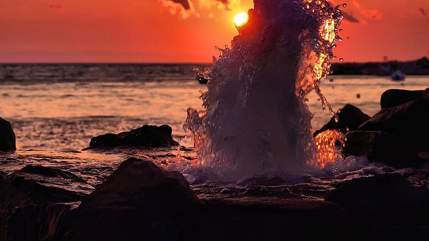 日落, 大海, 海洋, 地平线, 热 壁纸 1366x768 允许