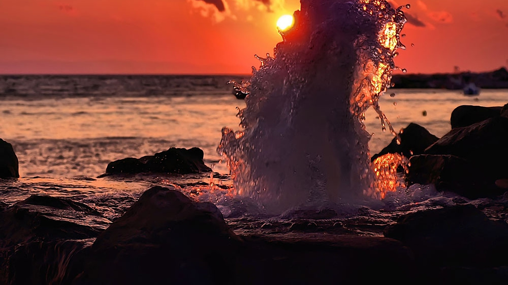 日落, 大海, 海洋, 地平线, 热 壁纸 1920x1080 允许