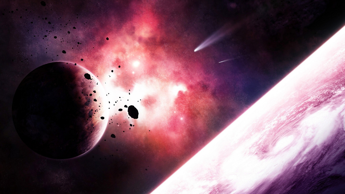 White and Black Planet With Moon. Wallpaper in 1366x768 Resolution