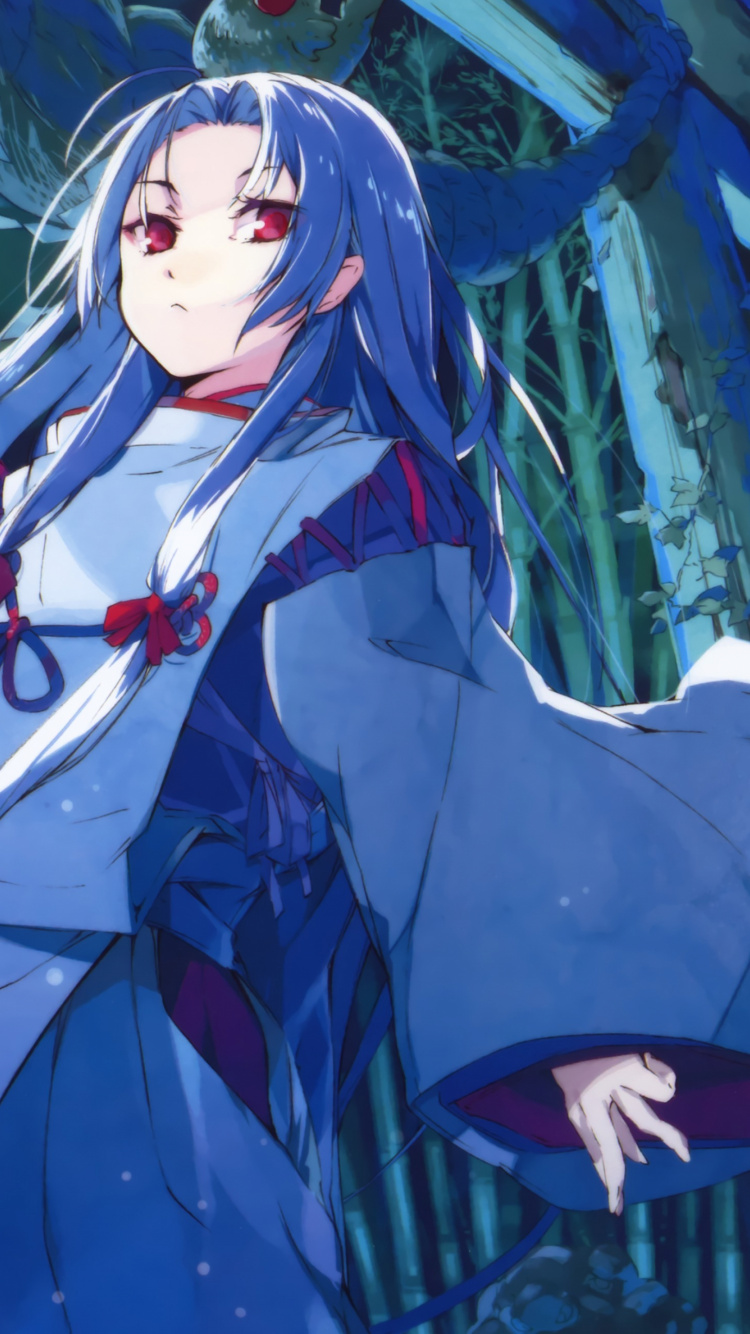 Blauhaarige Frau im Blauen Und Roten Kimono-Anime-Charakter. Wallpaper in 750x1334 Resolution