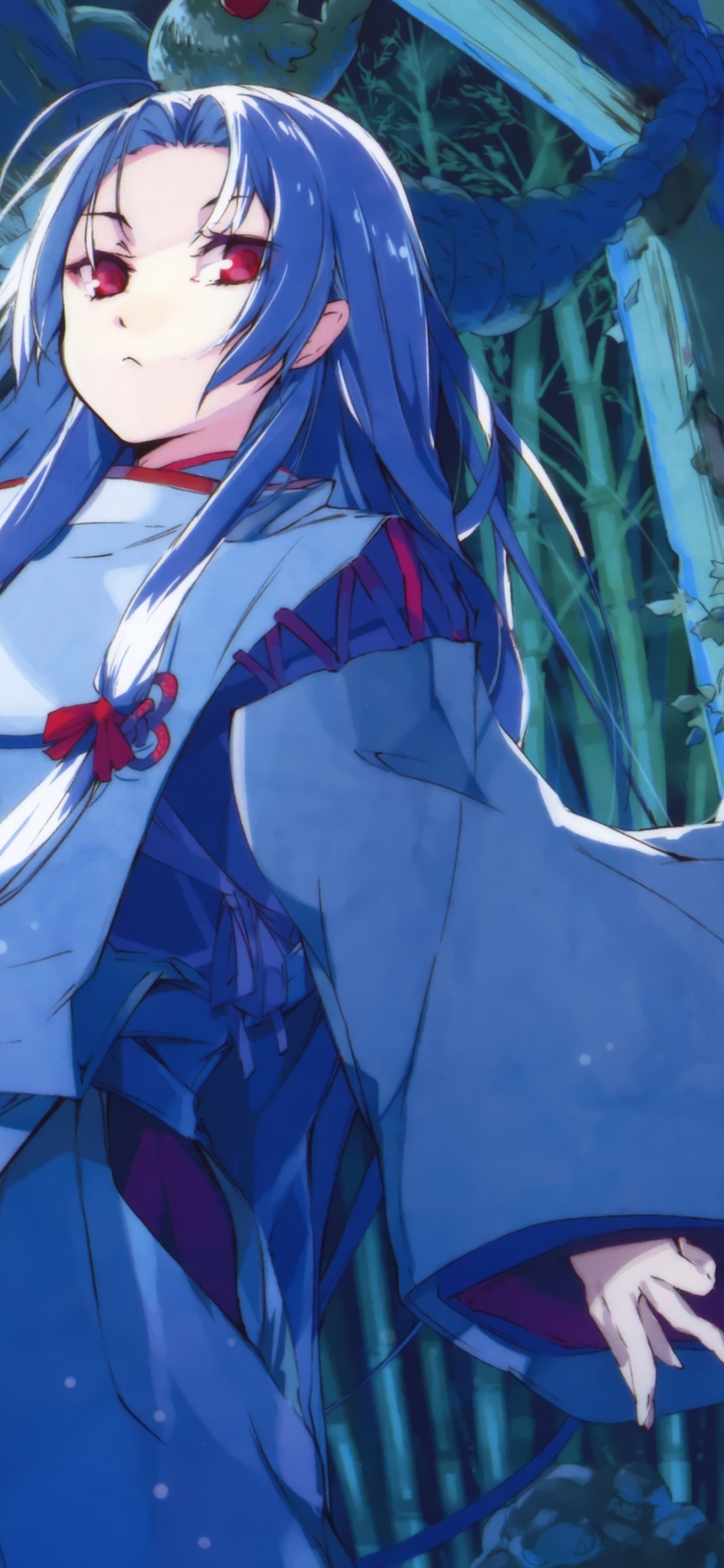 Femme Aux Cheveux Bleus en Personnage D'anime Kimono Bleu et Rouge. Wallpaper in 1242x2688 Resolution