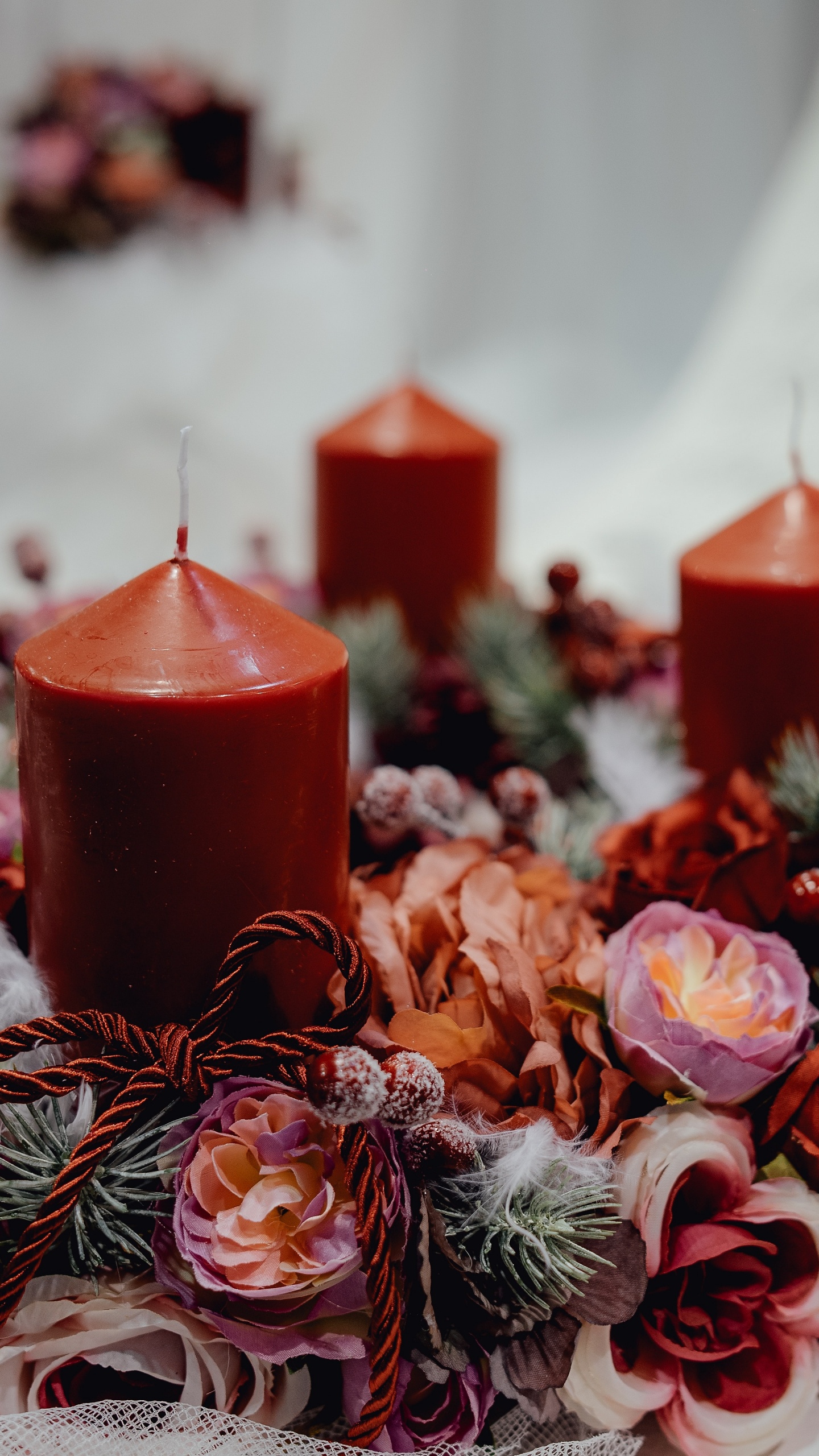 Candle, Lighting, Centrepiece, Floristry, Floral Design. Wallpaper in 1440x2560 Resolution