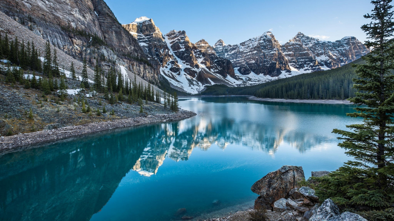 Lac Entouré D'arbres et de Montagnes Pendant la Journée. Wallpaper in 1366x768 Resolution