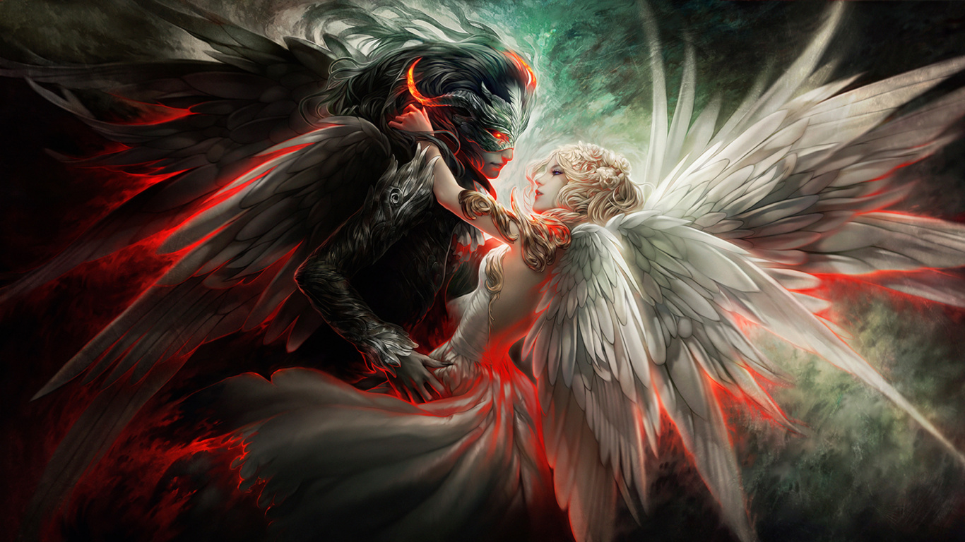 Man in Black Suit and White Wings Painting. Wallpaper in 1366x768 Resolution