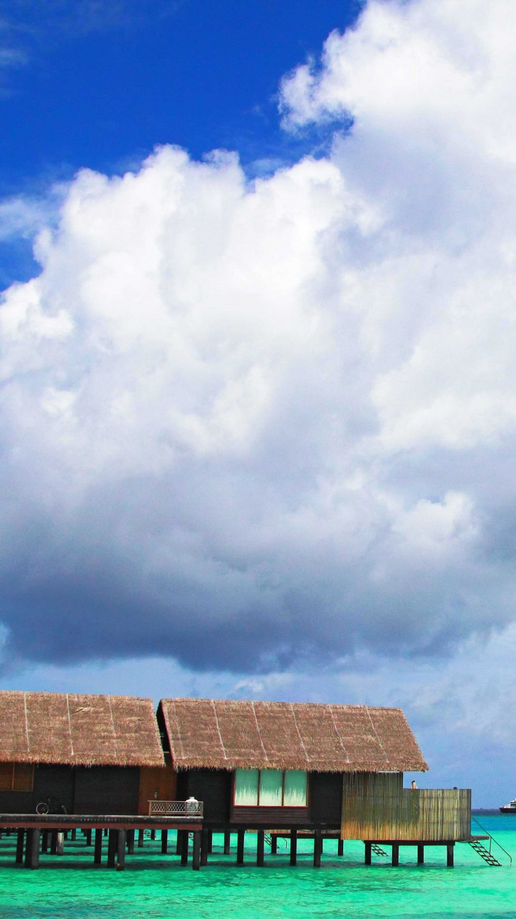 Brown Wooden House on Sea Shore Under White Clouds and Blue Sky During Daytime. Wallpaper in 750x1334 Resolution