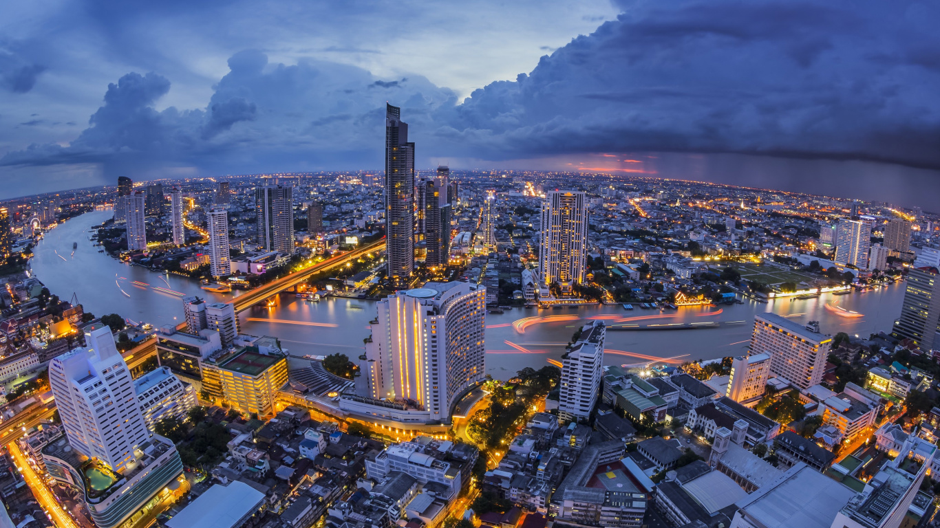 Aerial View of City Buildings During Night Time. Wallpaper in 1366x768 Resolution