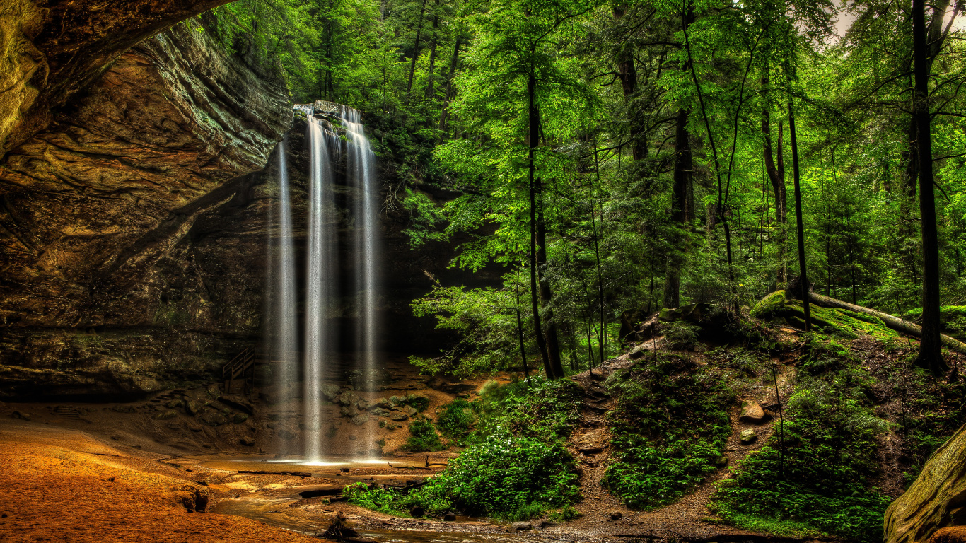 Water Falls in The Middle of Forest. Wallpaper in 1366x768 Resolution
