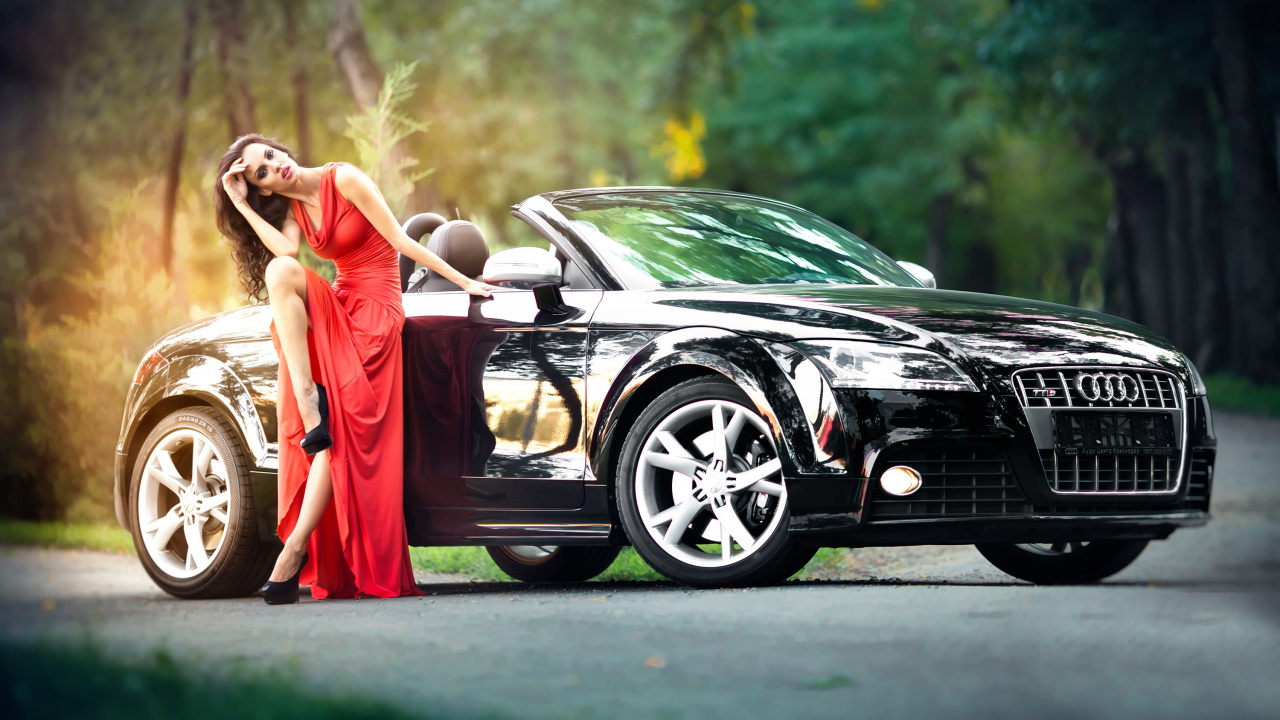 Woman in Red Dress Standing Beside Black Mercedes Benz Coupe. Wallpaper in 1280x720 Resolution