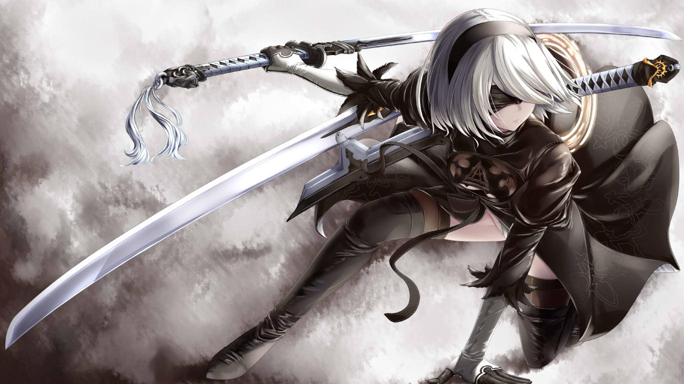 Woman in White Hair Holding Sword Anime Character. Wallpaper in 1366x768 Resolution