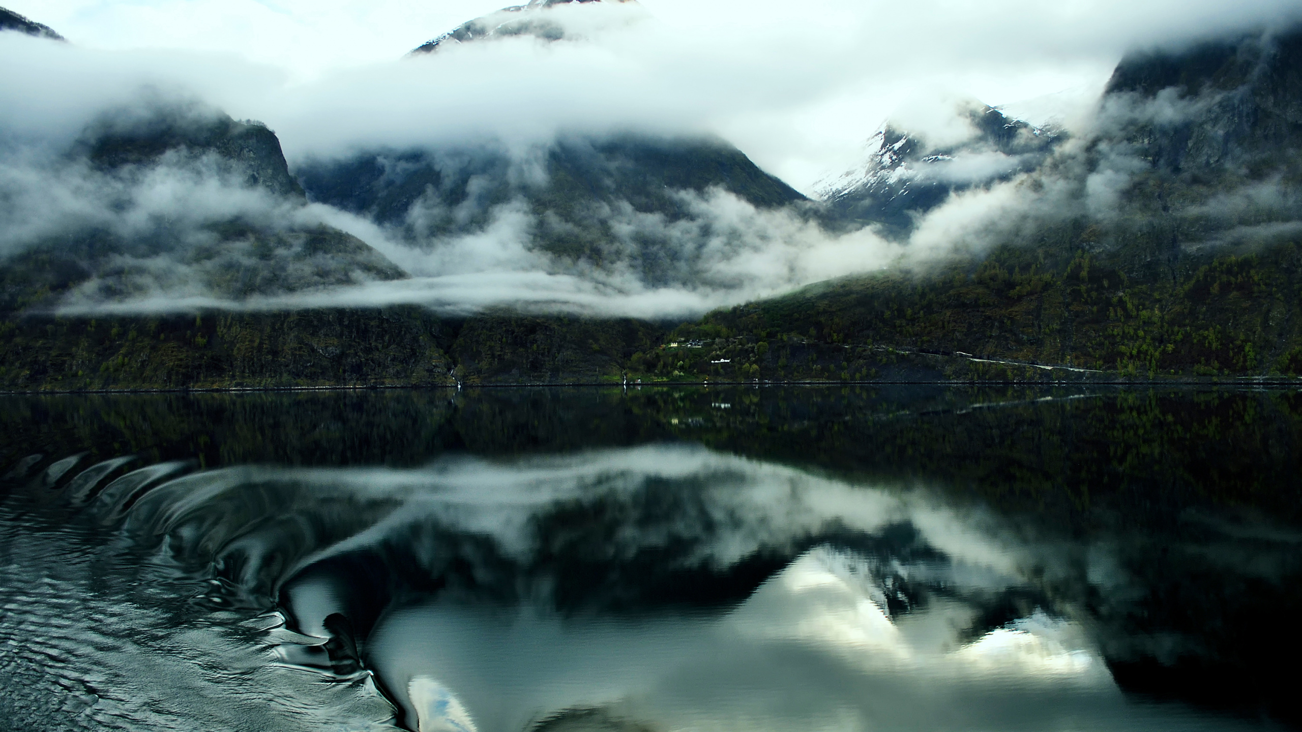 Grayscale Photo of Lake and Mountains. Wallpaper in 2560x1440 Resolution
