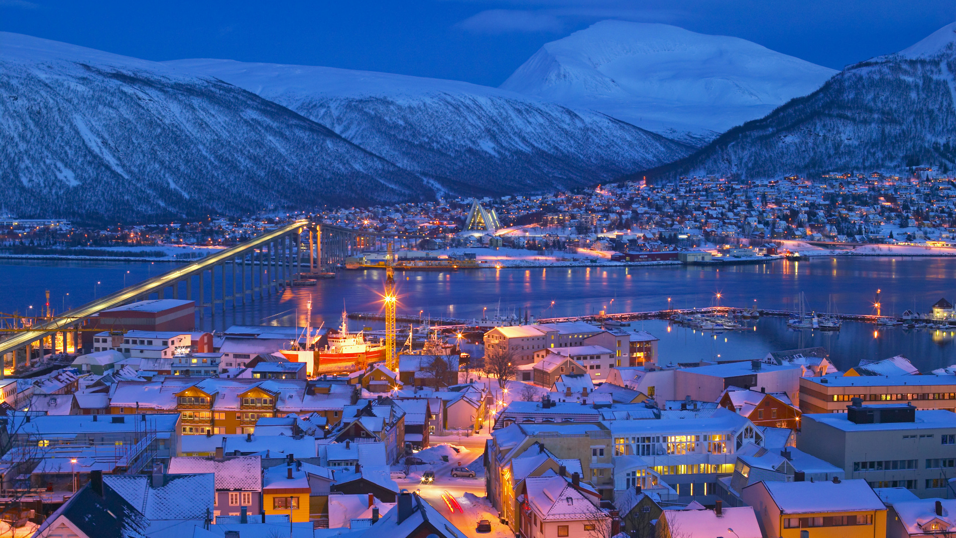 Aerial View of City Near Mountain During Night Time. Wallpaper in 1920x1080 Resolution