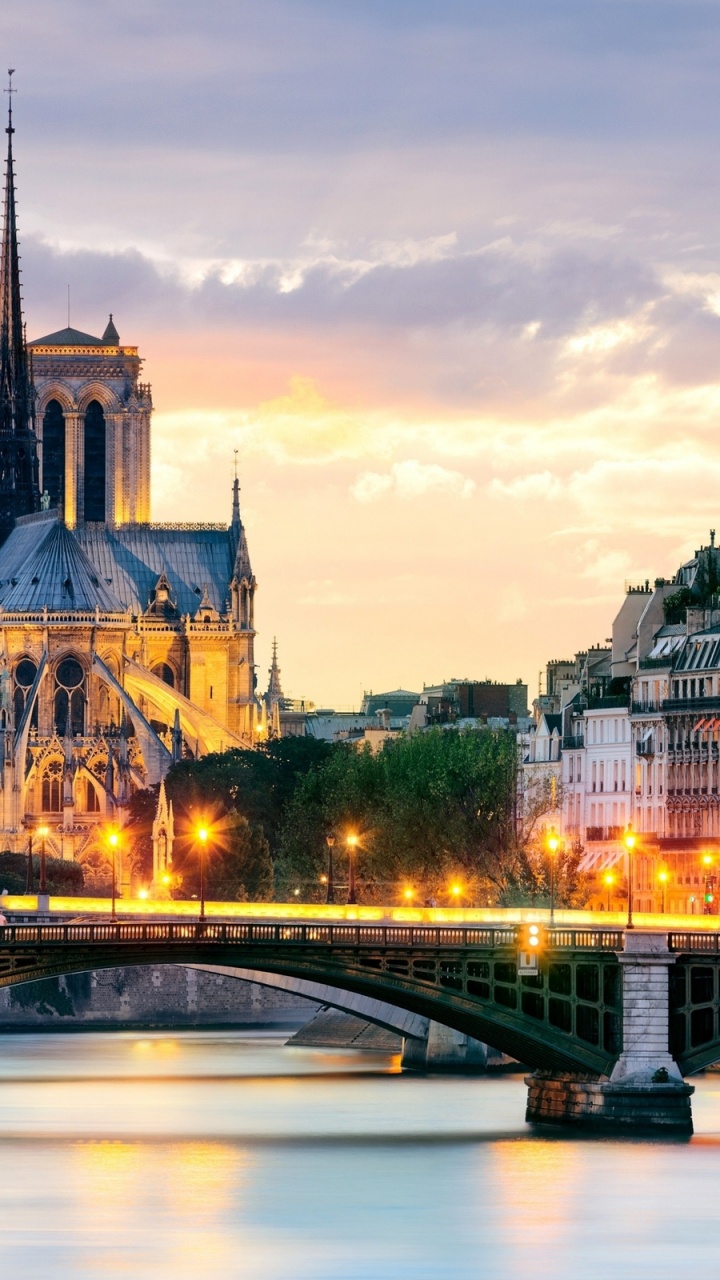 Pont Sur la Rivière Près Des Bâtiments de la Ville Pendant la Nuit. Wallpaper in 720x1280 Resolution
