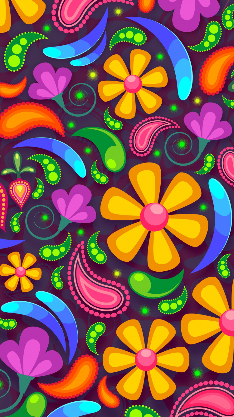 Illustration Florale Rouge Vert et Jaune. Wallpaper in 750x1334 Resolution