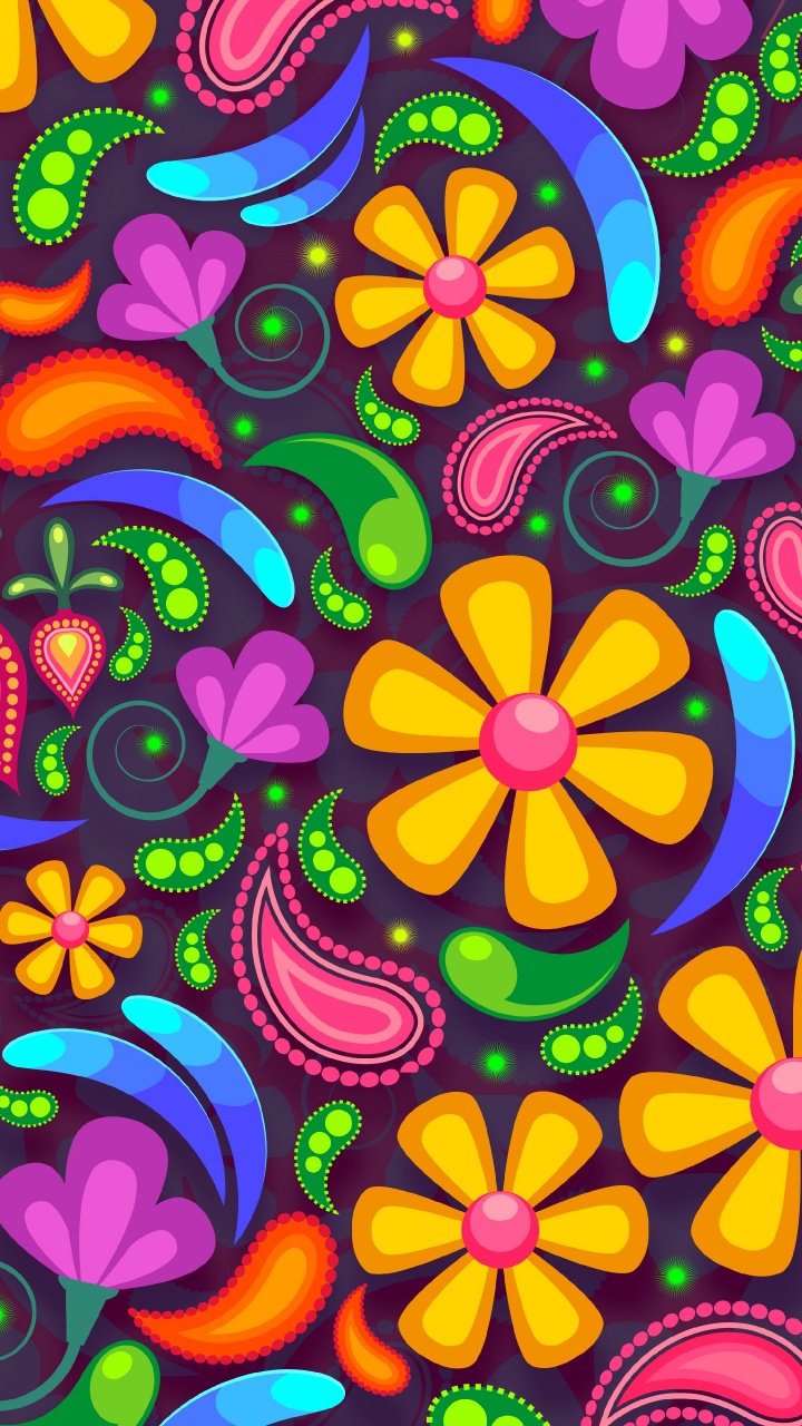 Rote Grüne Und Gelbe Blumenillustration Floral. Wallpaper in 720x1280 Resolution