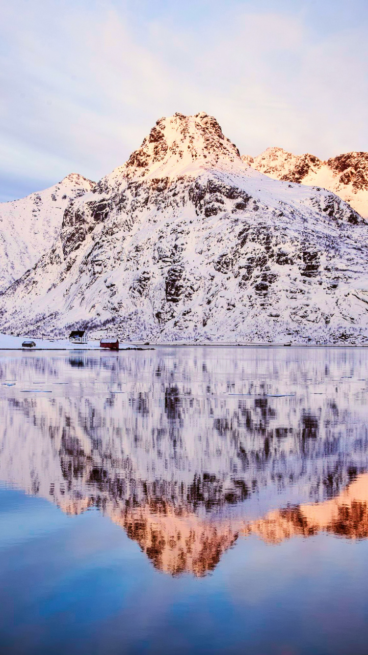 Snow Covered Mountain Near Lake During Daytime. Wallpaper in 750x1334 Resolution