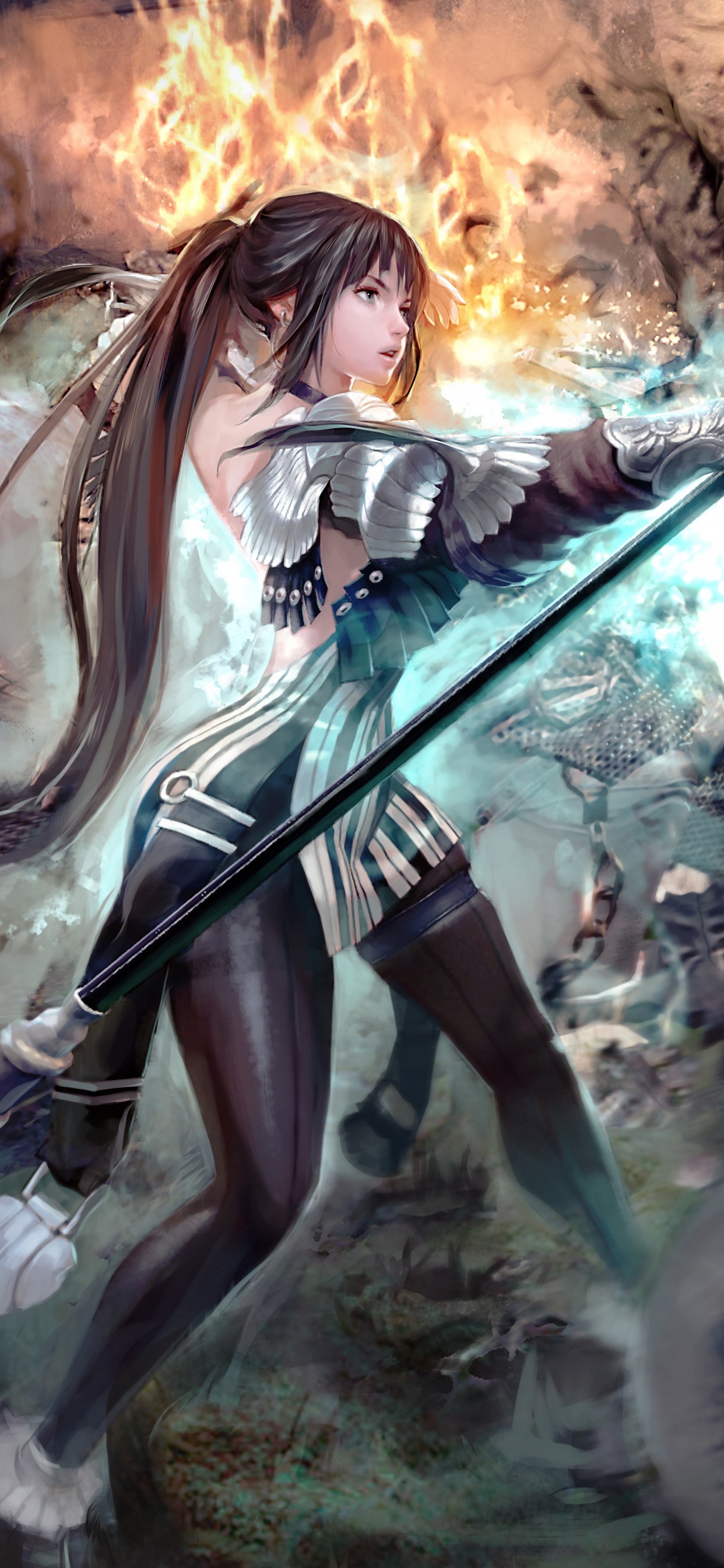 Femme en Robe Noire Tenant Une Arme. Wallpaper in 1242x2688 Resolution