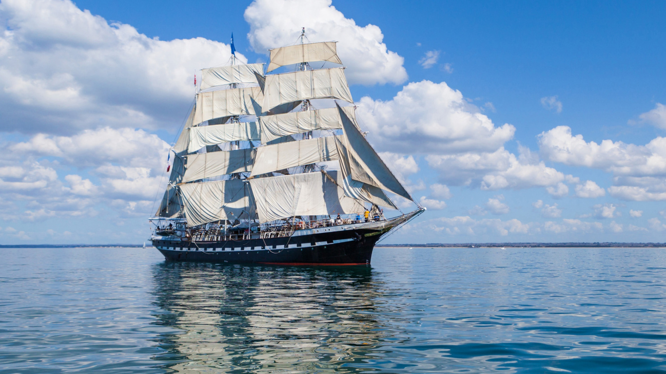Brown and White Sail Boat on Sea Under Blue Sky and White Clouds During Daytime. Wallpaper in 1366x768 Resolution