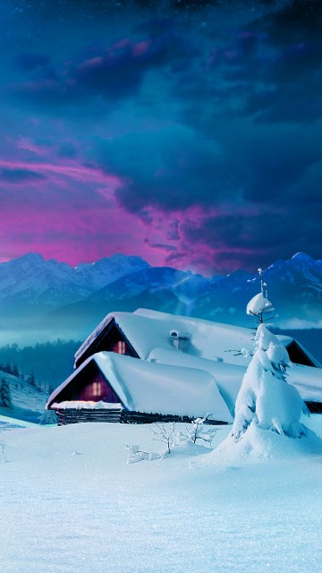 Image brown wooden house on snow covered ground near trees and mountains during daytime