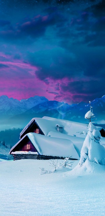 Image brown wooden house on snow covered ground near trees and mountains during daytime