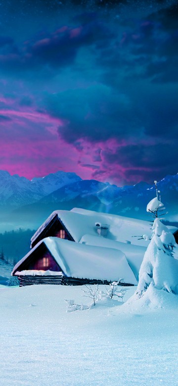 Image brown wooden house on snow covered ground near trees and mountains during daytime
