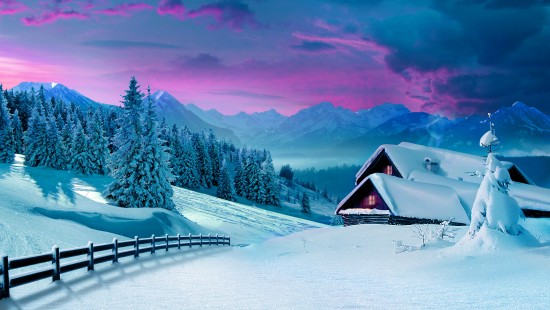 Image brown wooden house on snow covered ground near trees and mountains during daytime