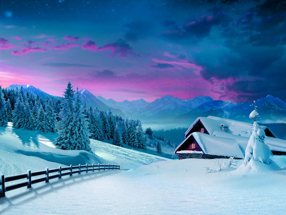 Brown Wooden House on Snow Covered Ground Near Trees and Mountains During Daytime. Wallpaper in 6614x4960 Resolution