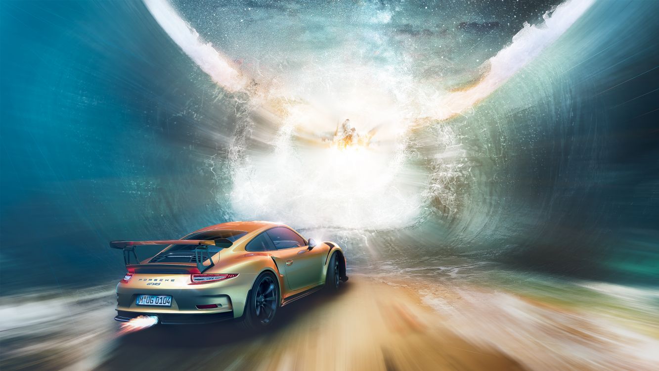 Orangefarbener Lamborghini Aventador Auf Dem Wasser. Wallpaper in 3292x1852 Resolution